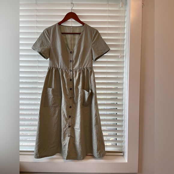 Sage Green Brown Button Up Short Sleeve Dress - Picture 2 of 7